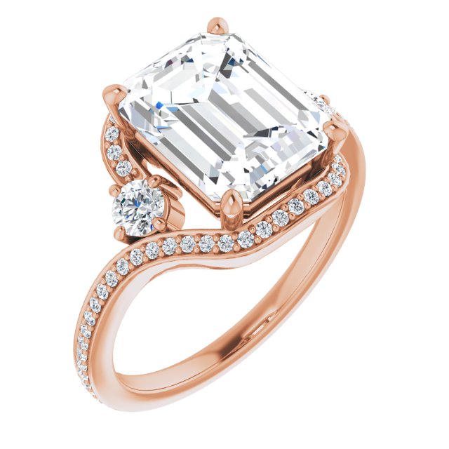 10K Rose Gold Customizable Emerald/Radiant Cut Bypass Design with Semi-Halo and Accented Band