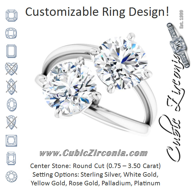 Cubic Zirconia Engagement Ring- The Melaine (Customizable Two Stone Double Round Cut Design with Split Bypass Band)