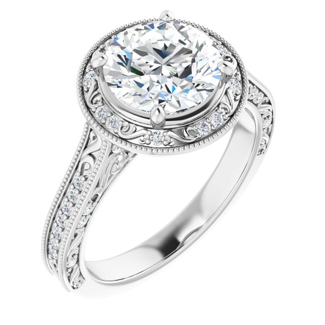 Cubic Zirconia Engagement Ring- The Eowyn (Customizable Vintage Artisan Round Cut Design with 3-Sided Filigree and Side Inlay Accent Enhancements)