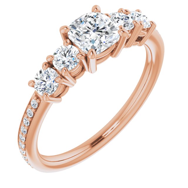 10K Rose Gold Customizable 5-stone Cushion Cut Design Enhanced with Accented Band
