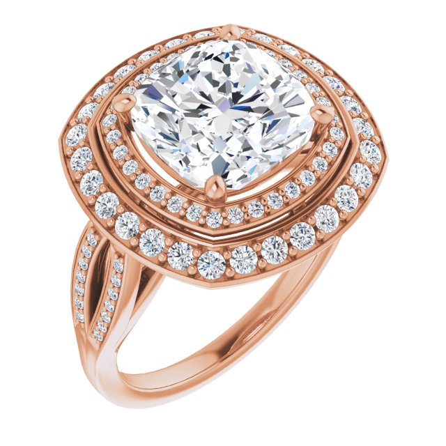 10K Rose Gold Customizable Cathedral-style Cushion Cut Design with Double Halo & Split-Pavé Band