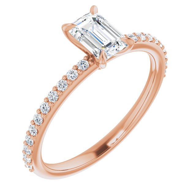 10K Rose Gold Customizable Emerald/Radiant Cut Style with Delicate Pavé Band
