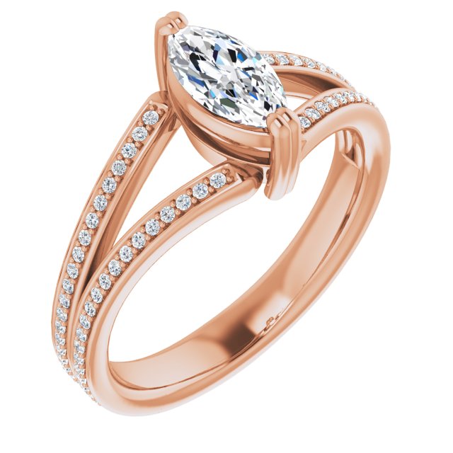 10K Rose Gold Customizable Marquise Cut Center with 100-stone* "Waterfall" Pavé Split Band