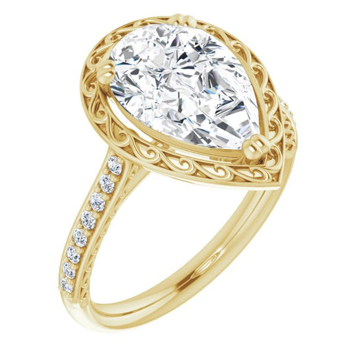 10K Yellow Gold Customizable Pear Cut Halo Design with Filigree and Accented Band