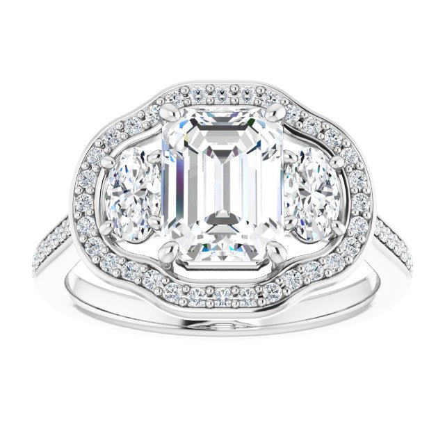 Cubic Zirconia Engagement Ring- The Dulce (Customizable Radiant Cut Style with Oval Cut Accents, 3-stone Halo & Thin Shared Prong Band)