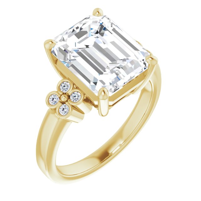 10K Yellow Gold Customizable 9-stone Design with Emerald/Radiant Cut Center and Complementary Quad Bezel-Accent Sets