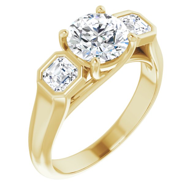 10K Yellow Gold Customizable 3-stone Cathedral Round Cut Design with Twin Asscher Cut Side Stones