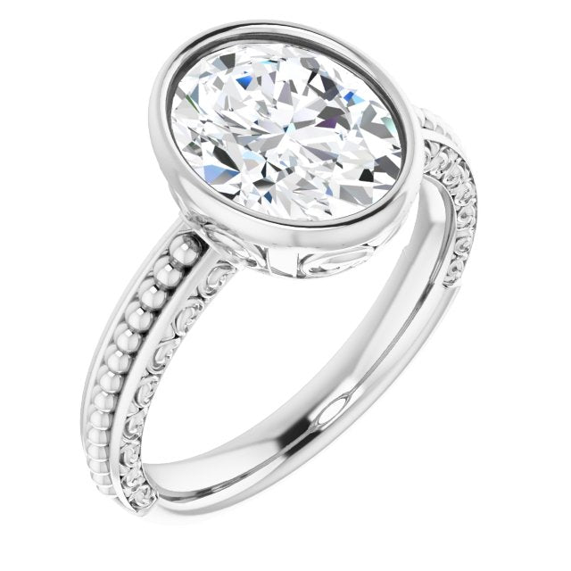 10K White Gold Customizable Bezel-set Oval Cut Solitaire with Beaded and Carved Three-sided Band