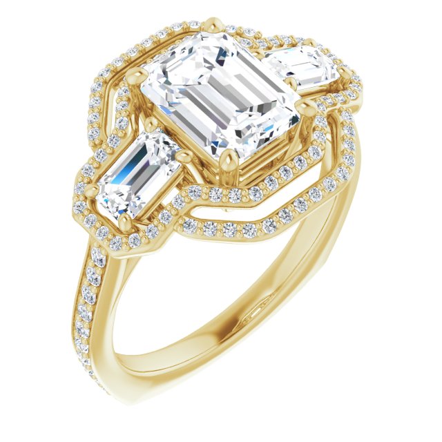 Cubic Zirconia Engagement Ring- The Fallon (Customizable Enhanced 3-stone Style with Emerald Cut Center, Emerald Cut Accents, Double Halo and Thin Shared Prong Band)