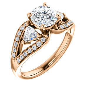 Cubic Zirconia Engagement Ring- The Karen (Customizable Enhanced 3-stone Design with Round Cut Center, Dual Trillion Accents and Wide Pavé-Split Band)