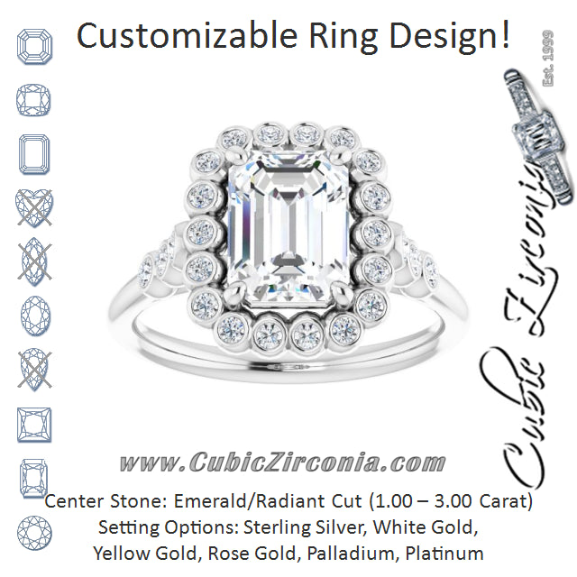 Cubic Zirconia Engagement Ring- The Chandni (Customizable Emerald Cut Cathedral-Style Clustered Halo Design with Round Bezel Accents)