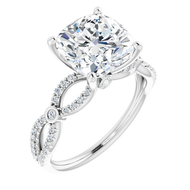 10K White Gold Customizable Cushion Cut Design with Infinity-inspired Split Pavé Band and Bezel Peekaboo Accents