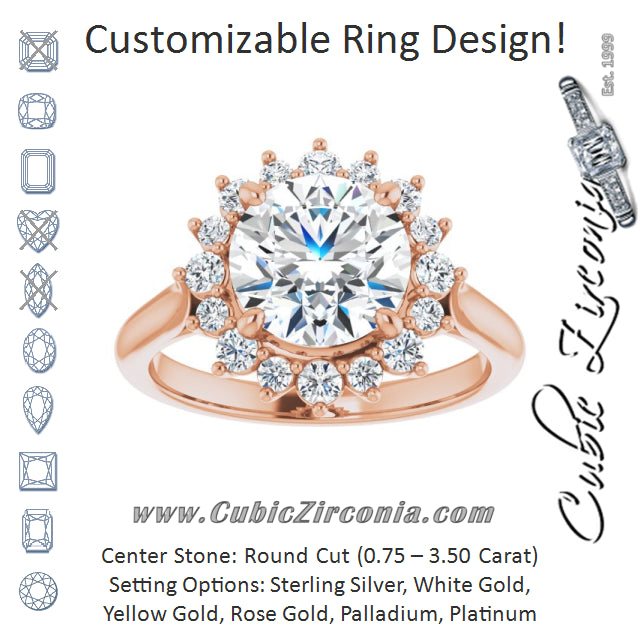 Cubic Zirconia Engagement Ring- The Honoka (Customizable Crown-Cathedral Round Cut Design with Clustered Large-Accent Halo & Ultra-thin Band)