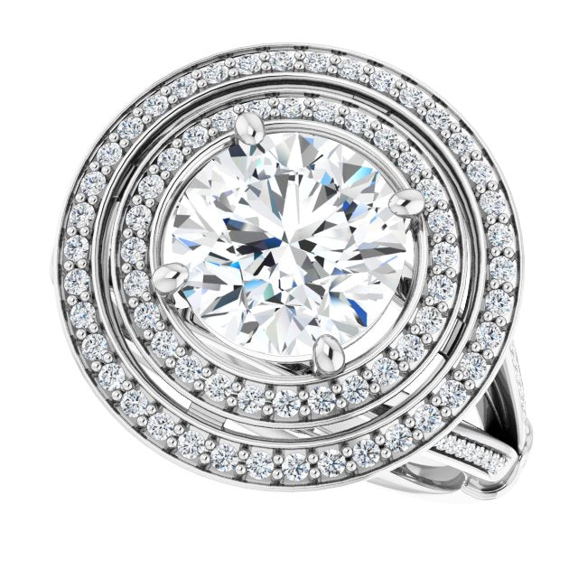 Cubic Zirconia Engagement Ring- The Chaunte (Customizable Cathedral-set Round Cut Design with Double Halo, Wide Split-Shared Prong Band and Side Knuckle Accents)