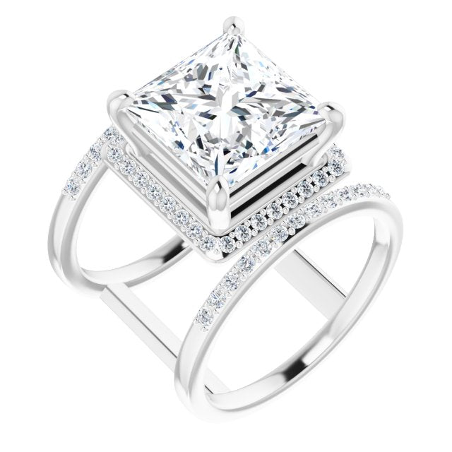 10K White Gold Customizable Princess/Square Cut Halo Design with Open, Ultrawide Harness Double Pavé Band