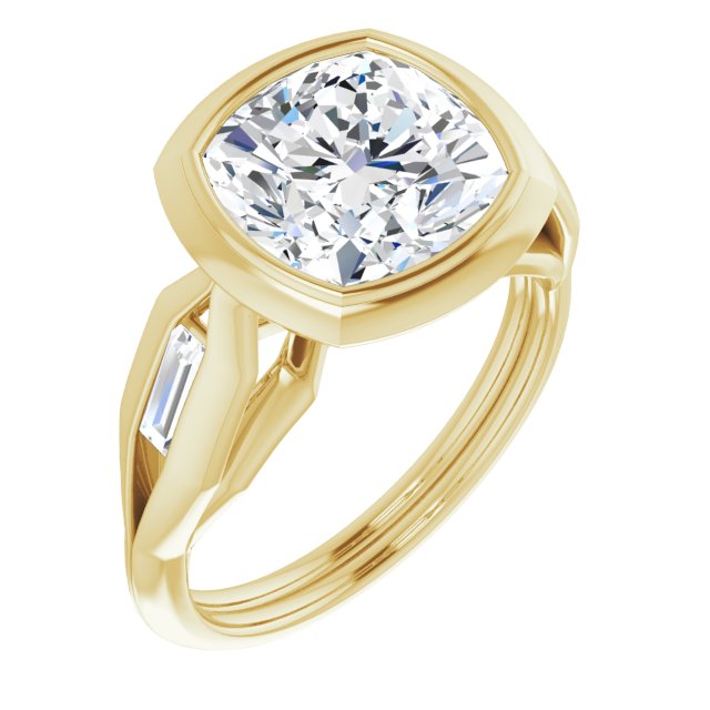 10K Yellow Gold Customizable Bezel-set Cushion Cut Design with Wide Split Band & Tension-Channel Baguette Accents