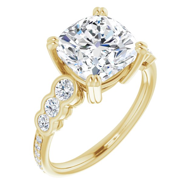 10K Yellow Gold Customizable Cushion Cut 7-stone Style Enhanced with Bezel Accents and Shared Prong Band