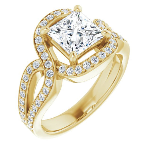 10K Yellow Gold Customizable Princess/Square Cut Center with Infinity-inspired Split Shared Prong Band and Bypass Halo