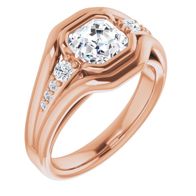 10K Rose Gold Customizable 9-stone Asscher Cut Design with Bezel Center, Wide Band and Round Prong Side Stones