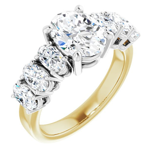 14K Yellow & White Gold Customizable 7-stone Oval Cut Design with Large Round-Prong Side Stones