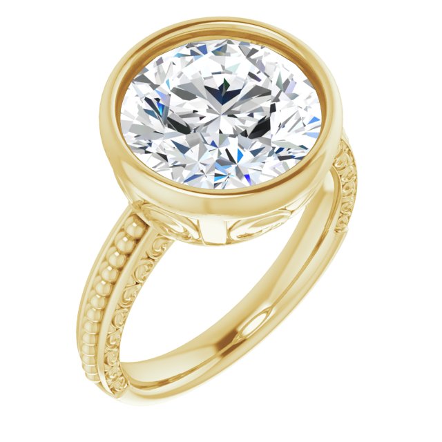 14K Yellow Gold Customizable Bezel-set Round Cut Solitaire with Beaded and Carved Three-sided Band