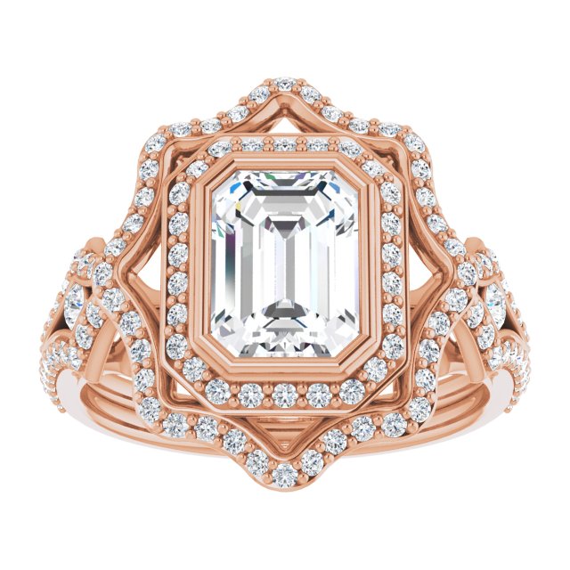 Cubic Zirconia Engagement Ring- The Arya (Customizable Emerald Cut Style with Ultra-wide Pavé Split-Band and Nature-Inspired Double Halo)