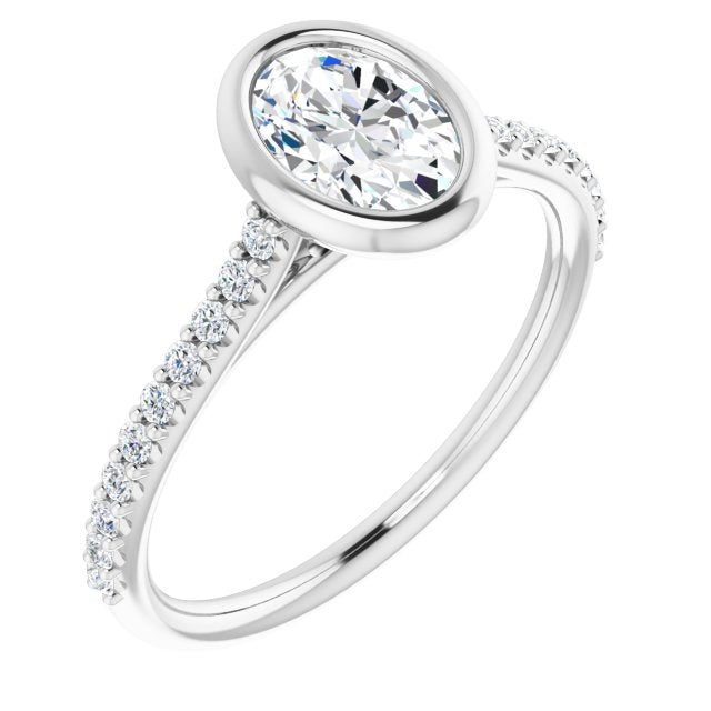 10K White Gold Customizable Bezel-set Oval Cut Style with Ultra-thin Pavé-Accented Band