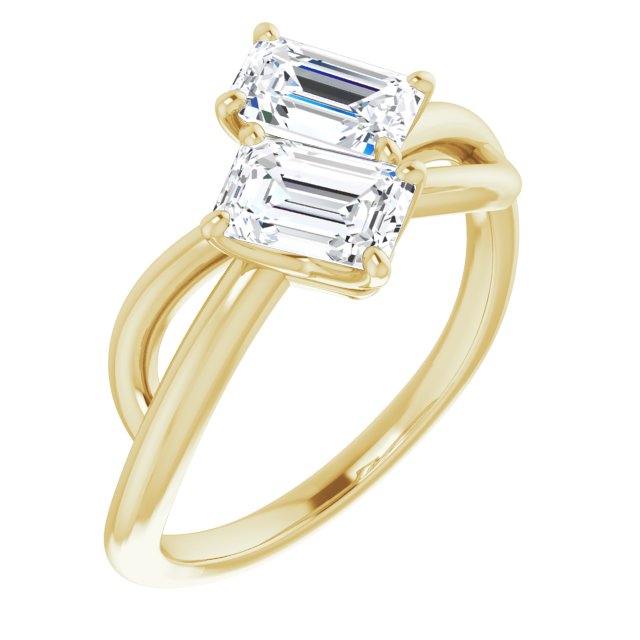 10K Yellow Gold Customizable 2-stone Emerald/Radiant Cut Artisan Style with Wide, Infinity-inspired Split Band