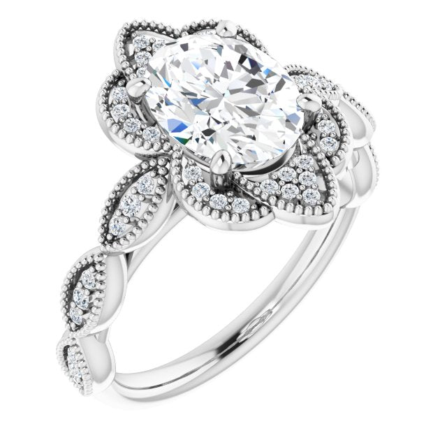 10K White Gold Customizable Cathedral-style Oval Cut Design with Floral Segmented Halo & Milgrain+Accents Band