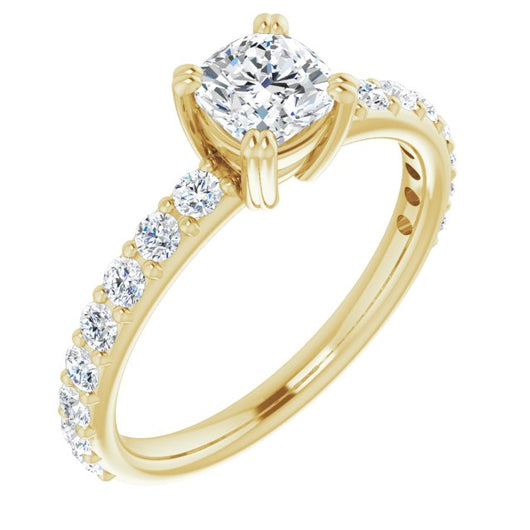 10K Yellow Gold Customizable Cushion Cut Design with Large Round Cut 3/4 Band Accents
