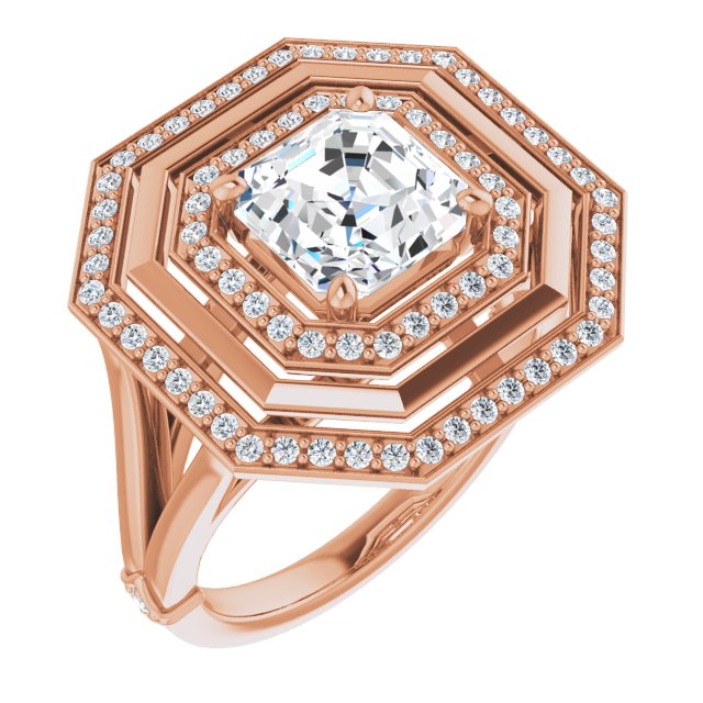 Cubic Zirconia Engagement Ring- The Allie (Customizable Asscher Cut Oversized 2x Halo Style with Knuckle Accented Split Band)