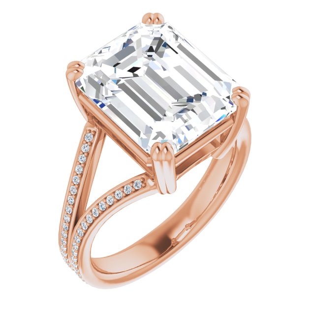 10K Rose Gold Customizable Emerald/Radiant Cut Center with 100-stone* "Waterfall" Pavé Split Band