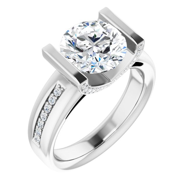 10K White Gold Customizable Cathedral-Bar Round Cut Design featuring Shared Prong Band and Prong Accents