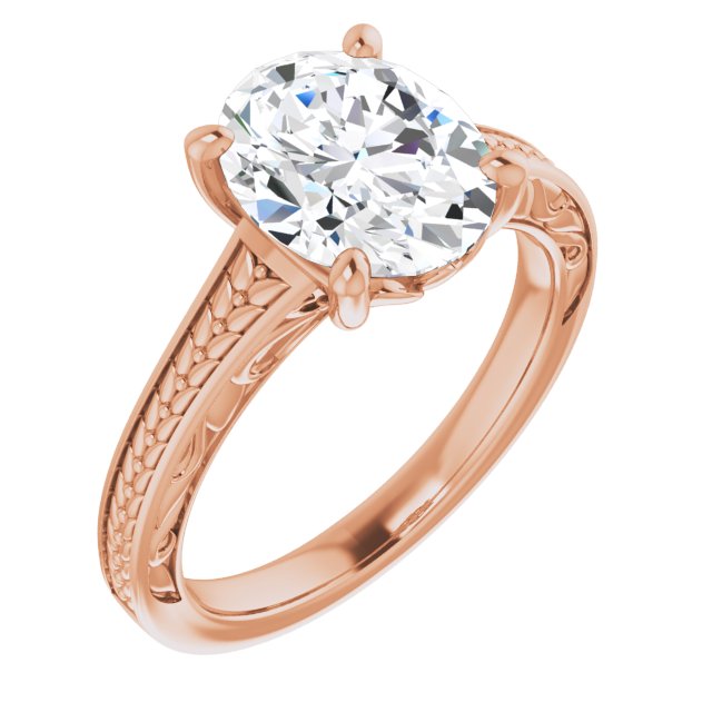 10K Rose Gold Customizable Oval Cut Solitaire with Organic Textured Band and Decorative Prong Basket