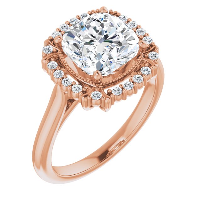 10K Rose Gold Customizable Cushion Cut Design with Majestic Crown Halo and Raised Illusion Setting