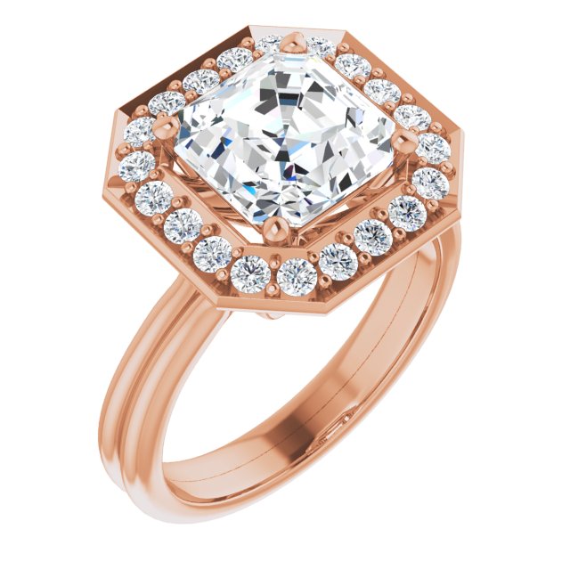 10K Rose Gold Customizable Cluster-Halo Accented Asscher Cut Style with Tapered Dual Band
