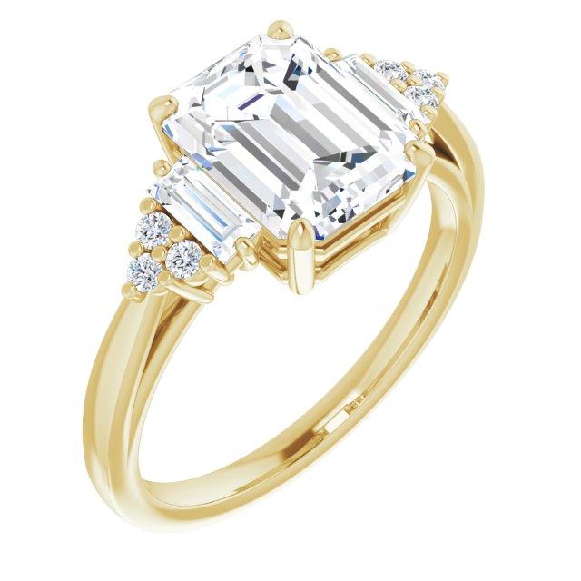 10K Yellow Gold Customizable 9-stone Design with Emerald/Radiant Cut Center, Side Baguettes and Tri-Cluster Round Accents