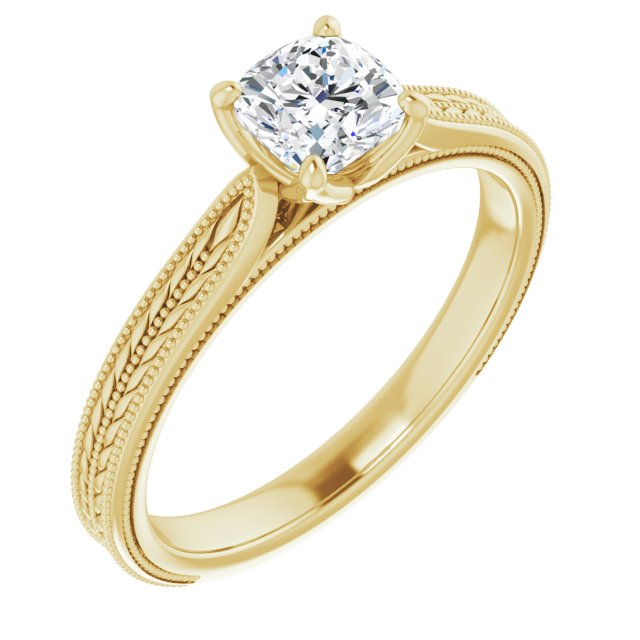 10K Yellow Gold Customizable Cushion Cut Solitaire with Wheat-inspired Band 