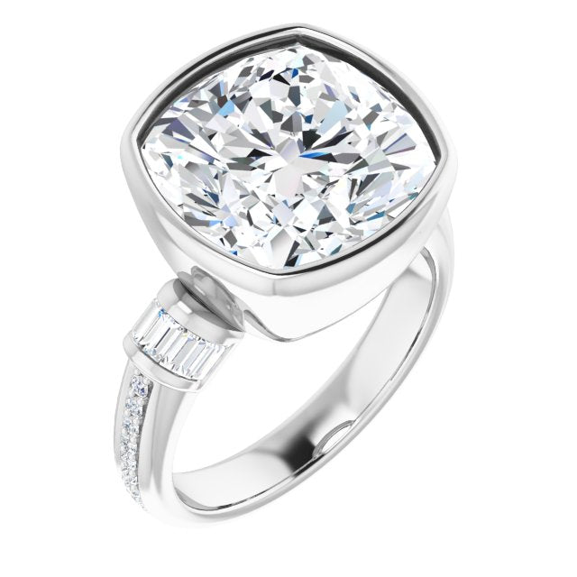 10K White Gold Customizable Cathedral-Bezel Cushion Cut Style with Horizontal Baguettes & Shared Prong Band