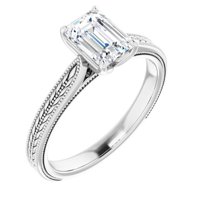 10K White Gold Customizable Emerald/Radiant Cut Solitaire with Wheat-inspired Band 