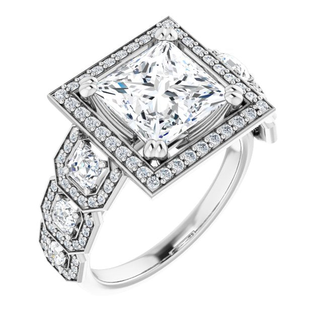 10K White Gold Customizable Cathedral-Halo Princess/Square Cut Design with Six Halo-surrounded Asscher Cut Accents and Ultra-wide Band