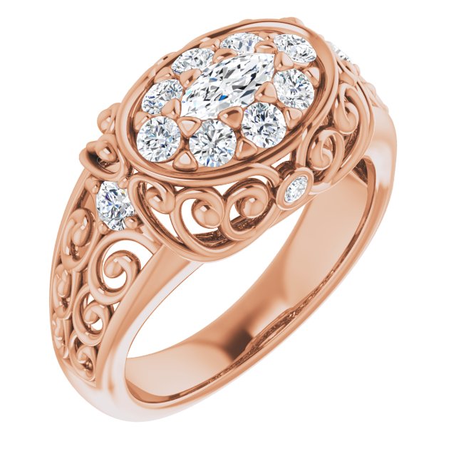 10K Rose Gold Customizable Marquise Cut Halo Style with Round Prong Side Stones and Intricate Metalwork