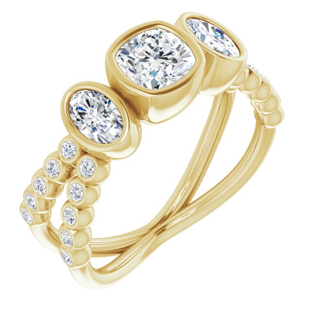 10K Yellow Gold Customizable Bezel-set Cushion Cut Design with Dual Bezel-Oval Accents and Round-Bezel Accented Split Band