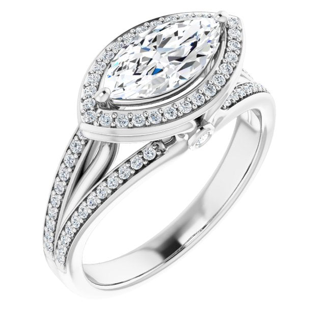 10K White Gold Customizable High-set Marquise Cut Design with Halo, Wide Tri-Split Shared Prong Band and Round Bezel Peekaboo Accents