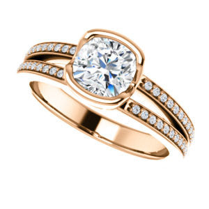 Cubic Zirconia Engagement Ring- The Monami (Customizable Bezel Cushion Cut with Split-pavé Band Accents & Euro Shank)