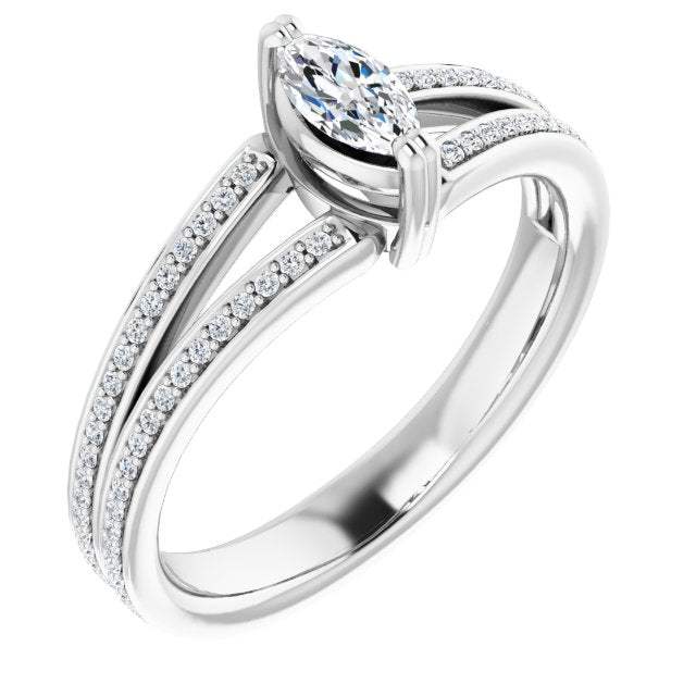 10K White Gold Customizable Marquise Cut Center with 100-stone* "Waterfall" Pavé Split Band