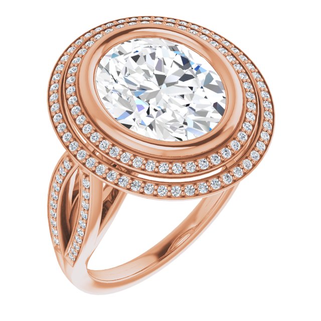 10K Rose Gold Customizable Bezel-set Oval Cut Style with Double Halo and Split Shared Prong Band