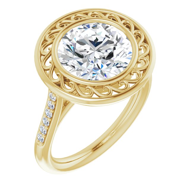 10K Yellow Gold Customizable Cathedral-Bezel Round Cut Design with Floral Filigree and Thin Shared Prong Band