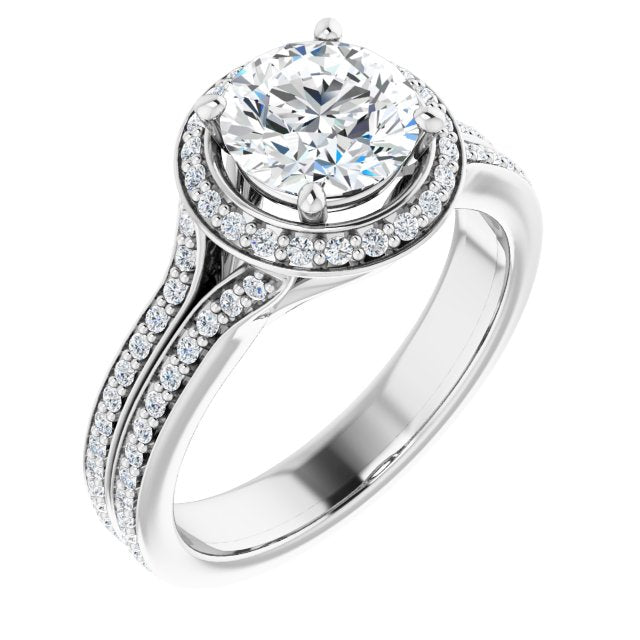10K White Gold Customizable Cathedral-raised Round Cut Setting with Halo and Shared Prong Band