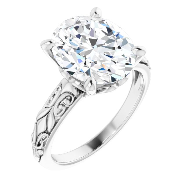 10K White Gold Customizable Oval Cut Solitaire featuring Delicate Metal Scrollwork